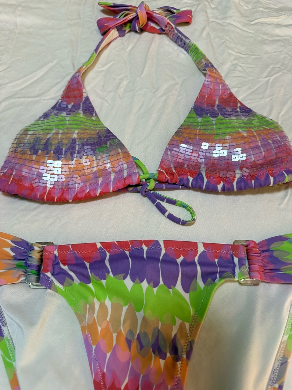 Vintage Y2K Victoria’s Secret Bikini Set Multicolor Sequin Tie Dye Halter S / M - Picture 3 of 7